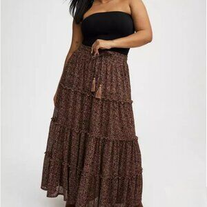 TORRID Maxi Tiered Drawstring Skirt Inked texture brown 1X (14/16)